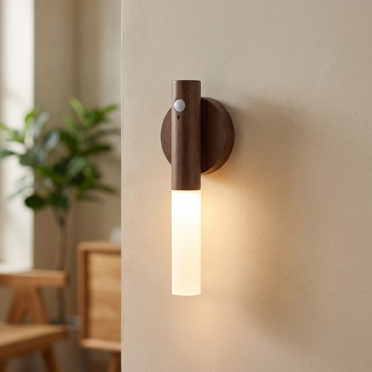 Magnetic motion sensor wall light in walnut wood-effect finish on a plaster wall