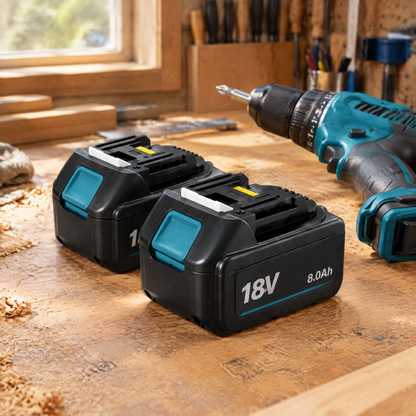 Makita-compatible 18V 8.0Ah batteries on a workbench next to a drill