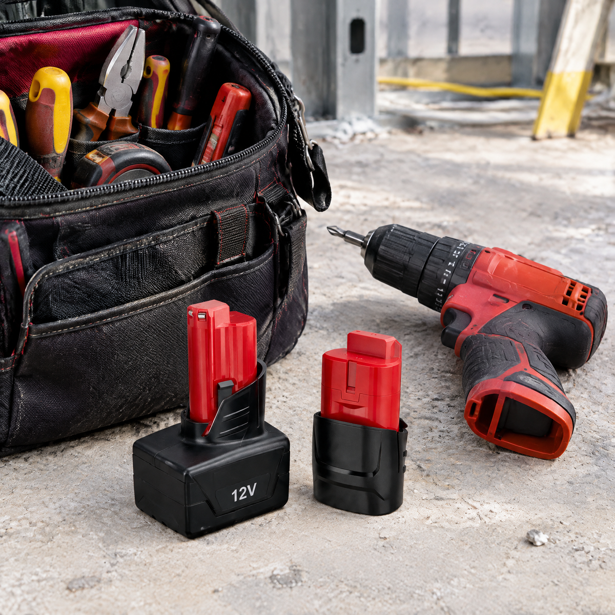 Milwaukee-compatible 12V batteries beside a tool bag and compact drill