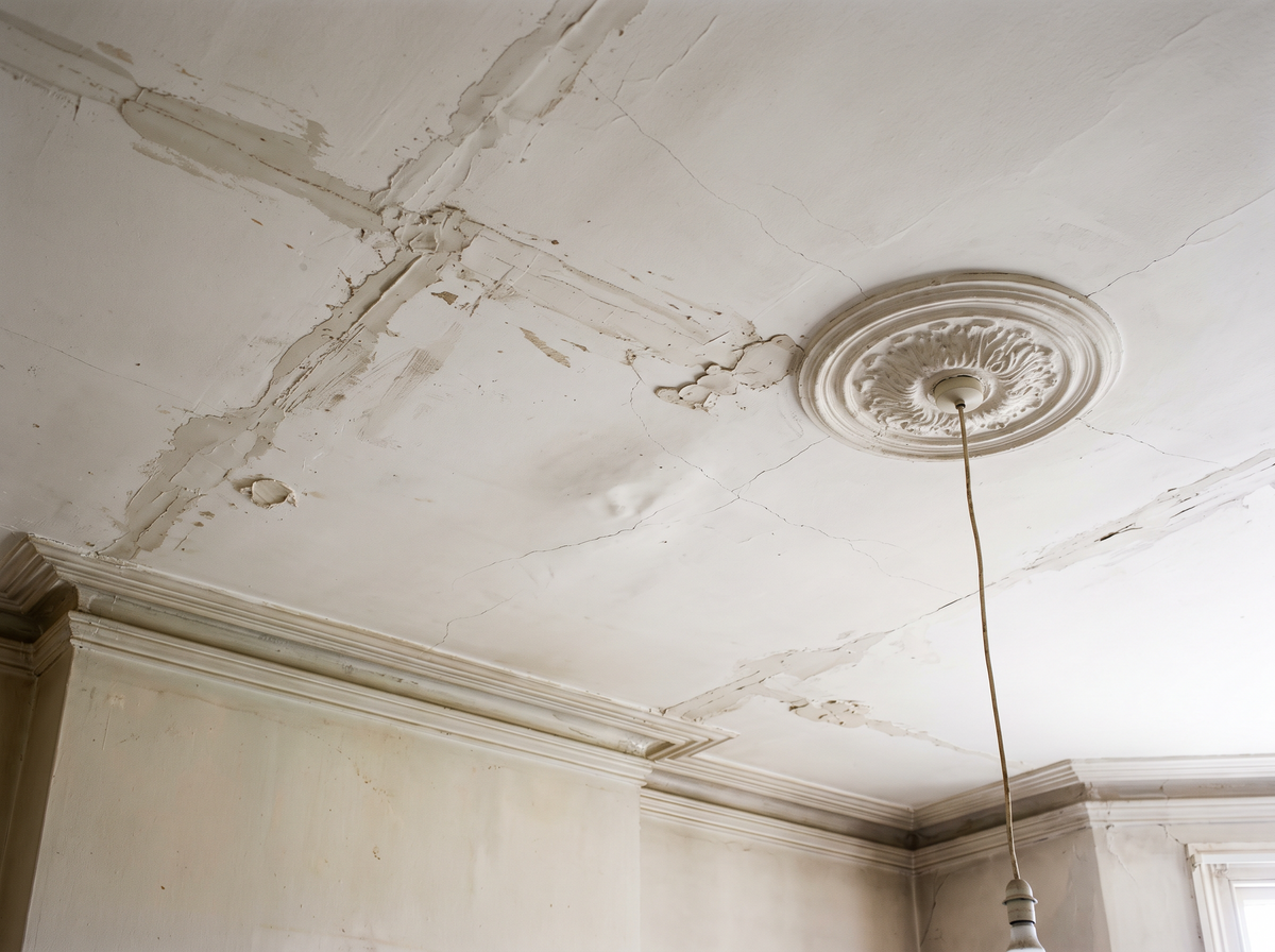 Cracked ceiling with rough filler lines before sanding