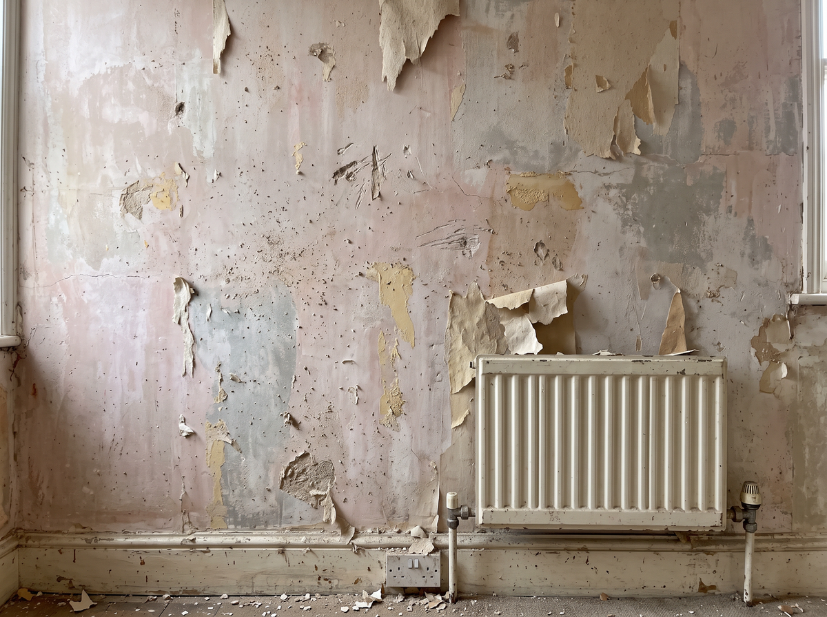Wall with wallpaper scraps and paste lumps after stripping