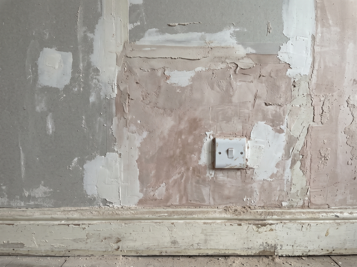 Patched plaster wall with filler patches and tape joints before sanding