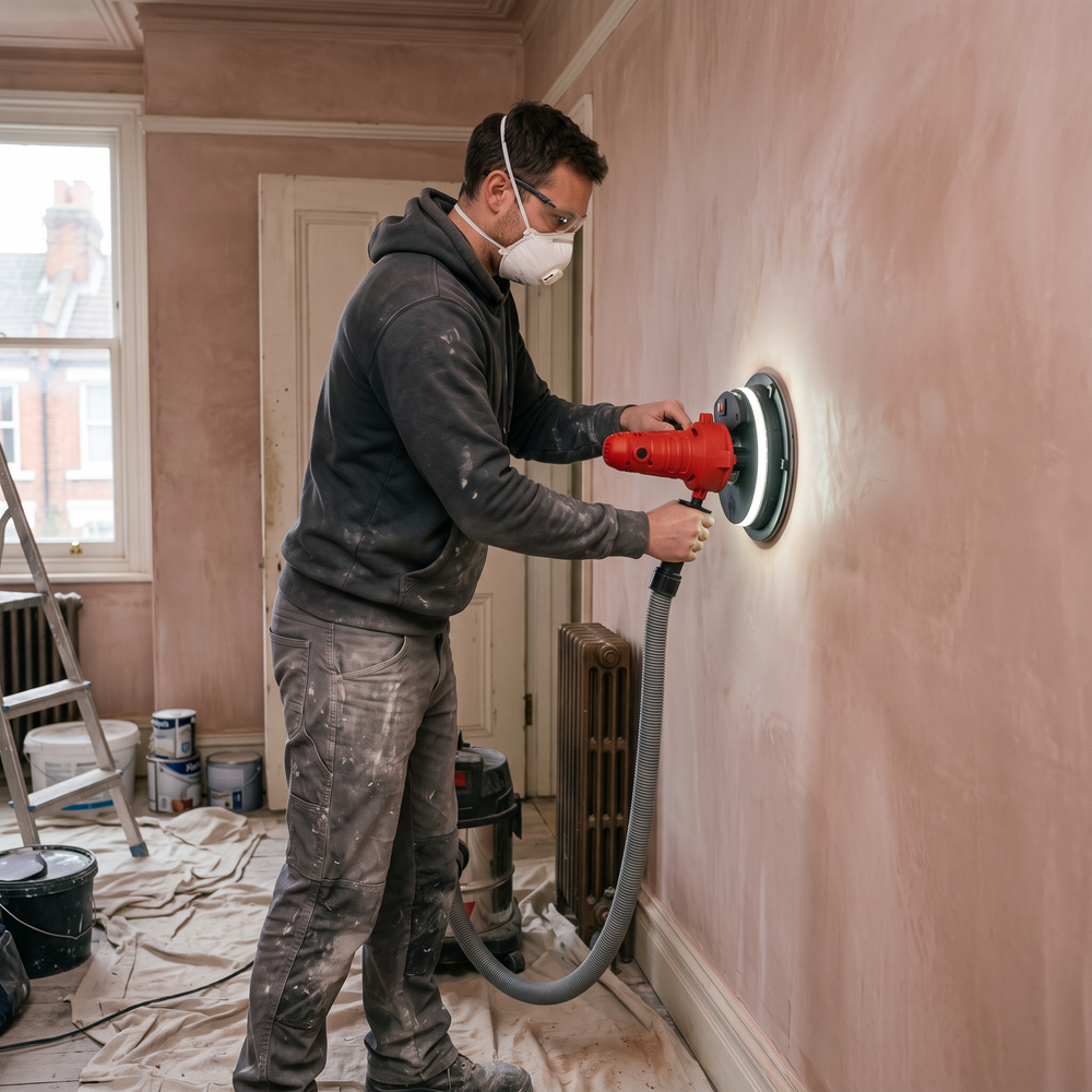 Decorator sanding a freshly skimmed wall with the handheld drywall sander