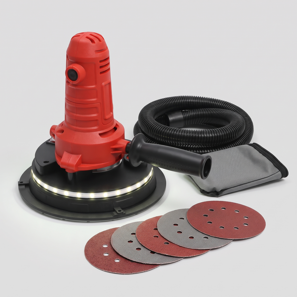 Handheld drywall sander with LED ring light, dust hose, dust bag and sanding discs