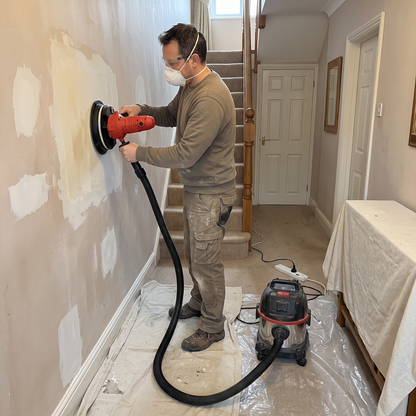 Sanding filled patches in a hallway with the hose connected to a vacuum