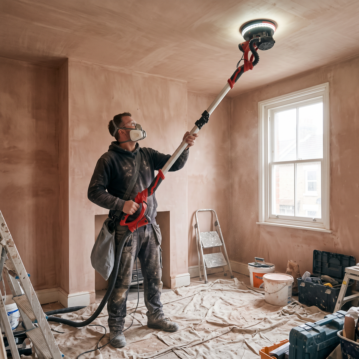 Plasterer sanding a ceiling from the floor with the long-reach sander