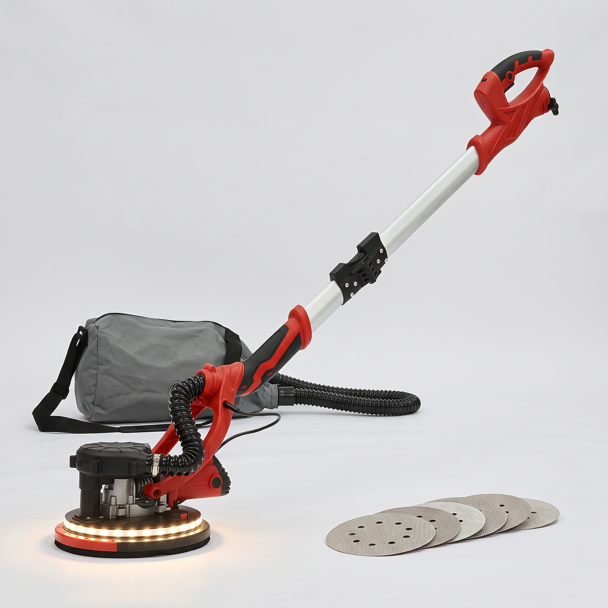 Long-reach foldable drywall sander with LED head, dust hose, dust bag and sanding discs