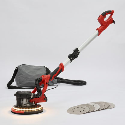 Long-reach foldable drywall sander with LED head, dust hose, dust bag and sanding discs
