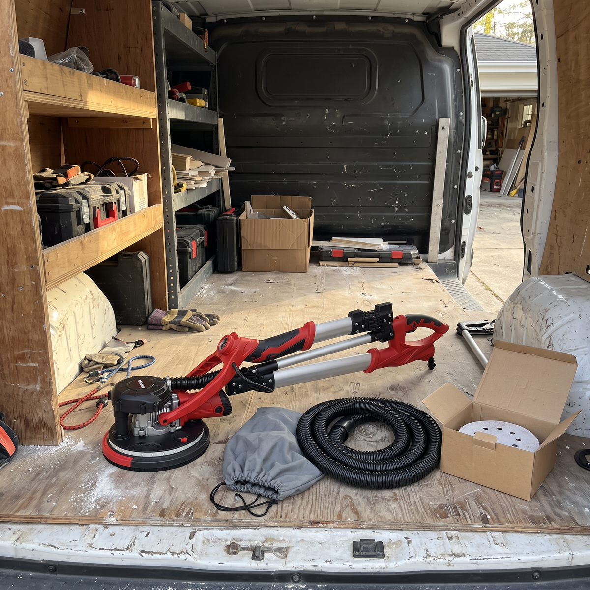 Long-reach sander folded in the back of a van with its hose and dust bag