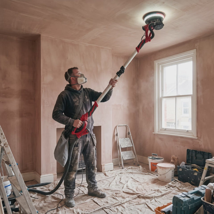 Sanding a ceiling from the floor with the long-reach drywall sander