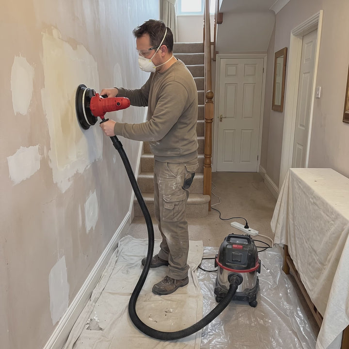 Handheld drywall sander with dust hose to a vacuum in a hallway