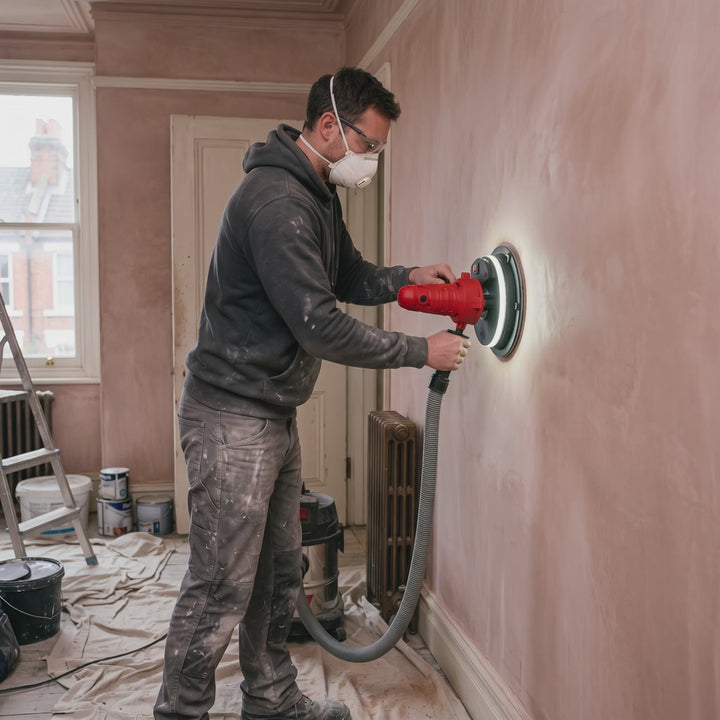 Decorator sanding a filled wall with the handheld drywall sander